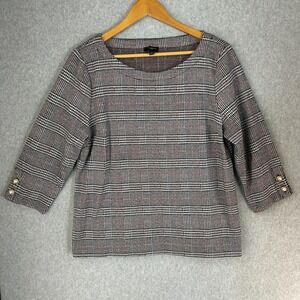 Talbots Plaid Houndstooth Top Blouse‎ Pearl Cuff Black White Red Academic Sz XLP